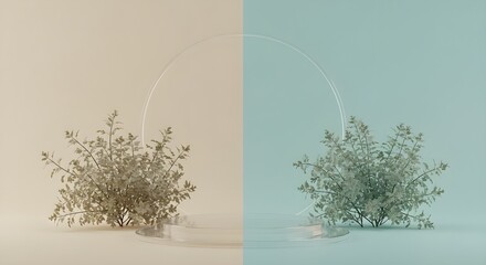 Minimalist Composition Features Glass Base and Greenery Against Contrasting Pastel Backgrounds in Symmetry