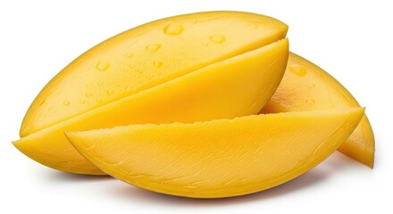 Fototapeta premium Fresh mango slices stacked with vibrant yellow color on white background