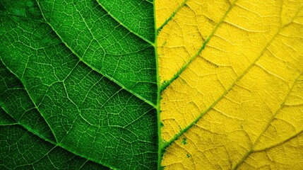 Leaf&rsquo;s transformation: A vivid close-up showcases a single leaf bisected, showcasing a striking color contrast, one side emerald green and the other a vibrant yellow.
