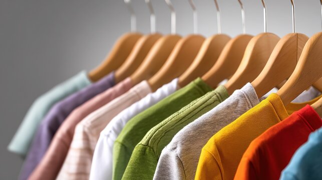 Minimalist clothing display, garments on wooden hangers in a soft rainbow gradient, overhead soft light creating warm shadows, ample blank space