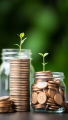 Generative AI financial growth represented by plants in coins.