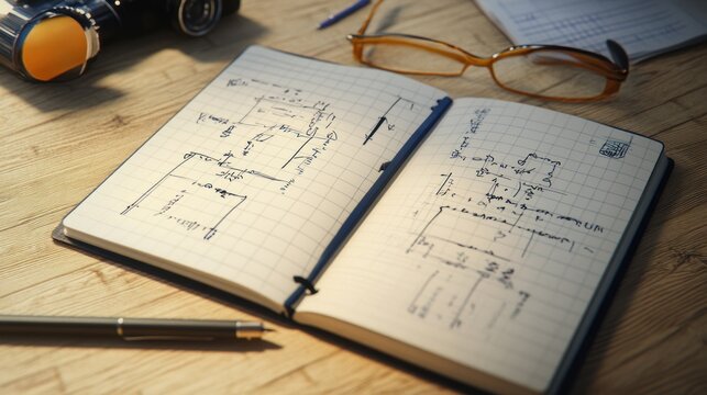 Hand drawn diagrams in open notebook on wooden desk