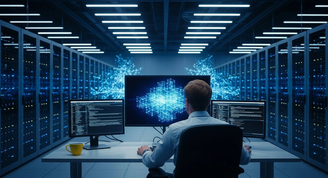 Data Center Server Room with Engineer Working - Powered by Adobe