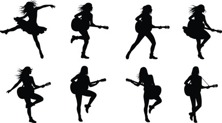 Female guitarist silhouettes dancing and performing live concert with electric guitars, dynamic music band illustration, energetic stage performance, rock star vector art