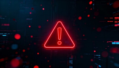 A virus alert warning displayed on a digital screen with red danger symbols and glitch effects, in a futuristic environment