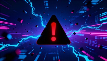 A virus alert warning displayed on a digital screen with red danger symbols and glitch effects, in a futuristic environment