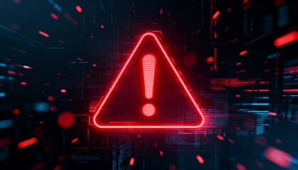 A virus alert warning displayed on a digital screen with red danger symbols and glitch effects, in a futuristic environment