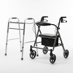 A comparative view of a standard walker and a modern rollator with a seat, isolated on a white background for mobility assistance concepts