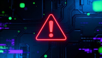 A virus alert warning displayed on a digital screen with red danger symbols and glitch effects, in a futuristic environment