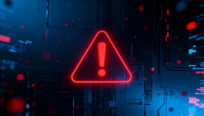 A virus alert warning displayed on a digital screen with red danger symbols and glitch effects, in a futuristic environment