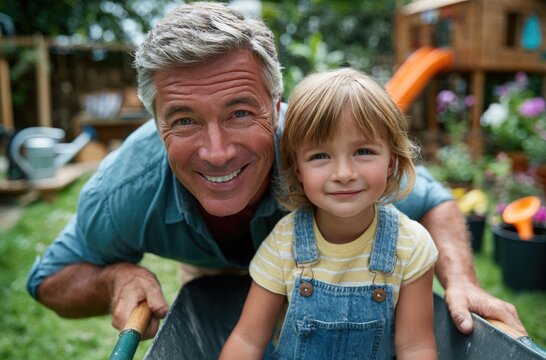 a happy grandfather pushing his young grandson in a wheelbarrow on the lawn, with garden equipment and toys behind them on a sunny day