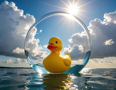 Yellow rubber duck floating inside a clear bubble on the ocean surface under a bright sunny sky.
