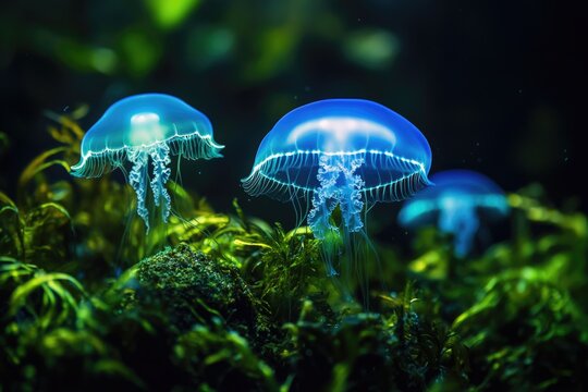 Three luminous blue jellyfish gracefully float amidst vibrant underwater greenery. - Powered by Adobe