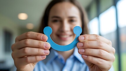 Happy woman holding a blue smile symbol, expressing optimism and positivity