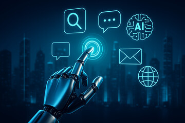 A robotic metallic hand interacting with a glowing digital interface featuring application icons like search, chat, email, and artificial intelligence against a dark cityscape background