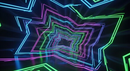 A mesmerizing tunnel of neon star shapes in vibrant blue, green, and purple hues, creating a futuristic and energetic visual experience.