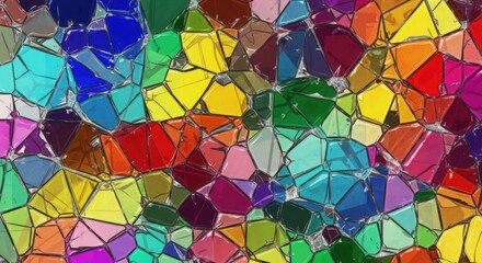 A vibrant and colorful abstract mosaic pattern composed of numerous irregular geometric shapes.