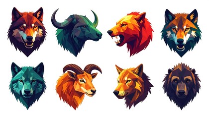 Geometric animal heads, each in a distinct color palette, arranged in two rows