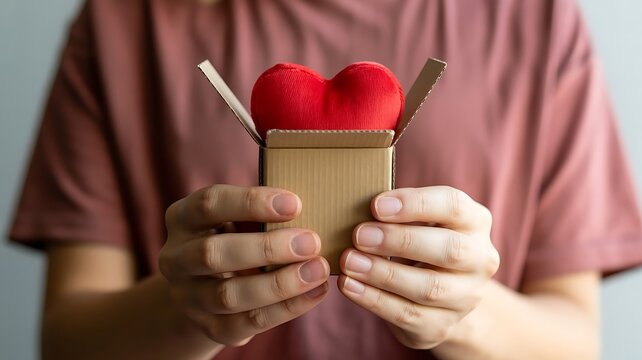Person offering red heart in a box, symbolizing love, gift, and caring gesture