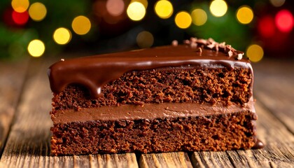 Chocolate cake slice on rustic wood