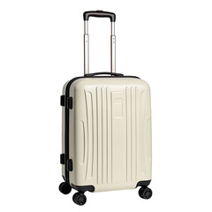 Compact white suitcase with wheels and retractable handle, isolated on white background 