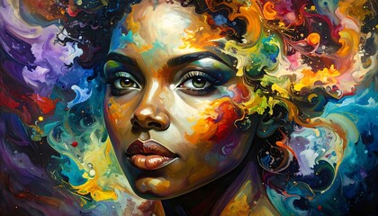 Stunning, expressive portrait of a woman surrounded by vibrant, swirling, colorful smoke