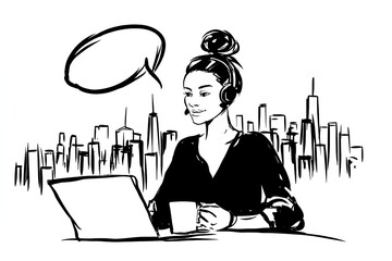 Young office worker connecting with clients via headset, focused on laptop, with tall buildings in the vibrant background.