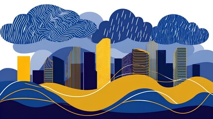 Melancholic city skyline artwork with abstract blue and gray buildings in the rain, reflecting urban life and weather moods.