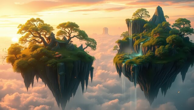 Floating islands with trees and waterfalls in a serene sunset landscape scene