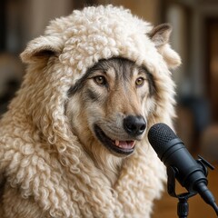 A wolf in a fluffy sheep costume is speaking into a microphone while doing a podcast 