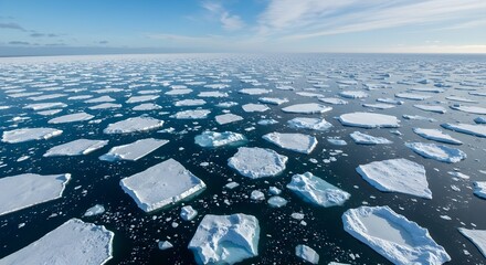 Expansive Arctic Ocean with White Ice Patterns Beneath a Clear, Cold Polar Sky
