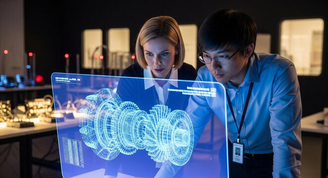 Engineers Analyzing Turbine Design on Transparent Display