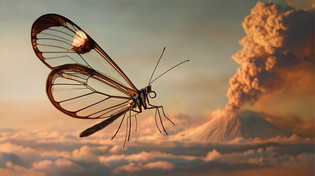 Transparent-wing butterfly hovering over erupting volcano under glowing ash sky