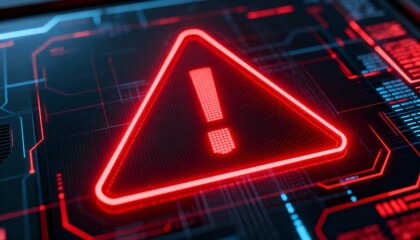 A virus alert warning displayed on a digital screen with red danger symbols and glitch effects, in a futuristic environment	