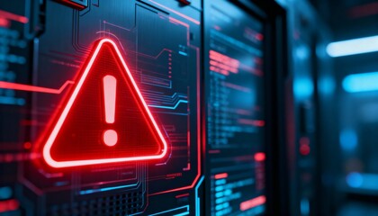 A virus alert warning displayed on a digital screen with red danger symbols and glitch effects, in a futuristic environment	