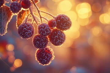 Frost-covered berries glistening in the warm golden light of sunrise, a winter wonderland scene.