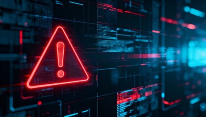 A virus alert warning displayed on a digital screen with red danger symbols and glitch effects, in a futuristic environment	