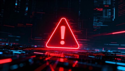 A virus alert warning displayed on a digital screen with red danger symbols and glitch effects, in a futuristic environment	