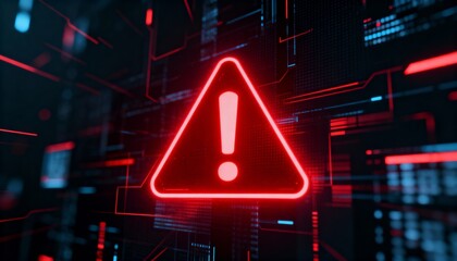 A virus alert warning displayed on a digital screen with red danger symbols and glitch effects, in a futuristic environment	