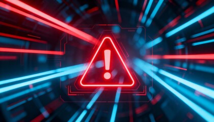 A virus alert warning displayed on a digital screen with red danger symbols and glitch effects, in a futuristic environment	