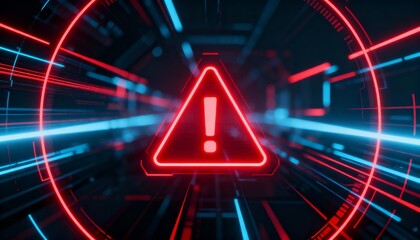 A virus alert warning displayed on a digital screen with red danger symbols and glitch effects, in a futuristic environment	