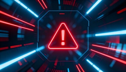 A virus alert warning displayed on a digital screen with red danger symbols and glitch effects, in a futuristic environment	