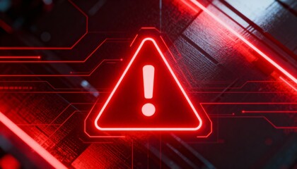 A virus alert warning displayed on a digital screen with red danger symbols and glitch effects, in a futuristic environment	