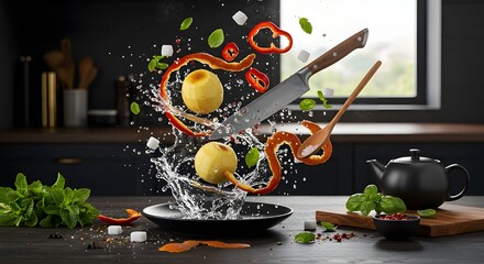 Juicy Tomato Bursts Mid-Slice in a Vibrant, Modern Kitchen Full of Flavor
