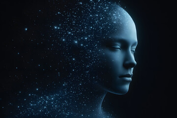 The face of a person dissolves into glowing particles, representing AI.