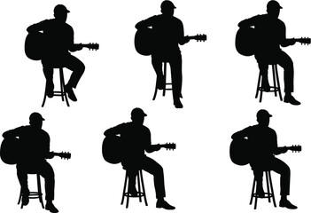 Musician silhouette playing acoustic guitar vector illustration, male guitarist seated on stool performing music, artistic concert design for creative projects