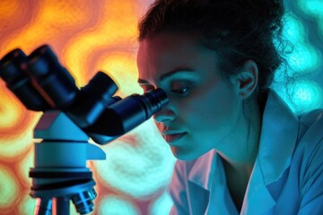 A female scientist intently examines a specimen through a high-powered microscope in a lab setting.