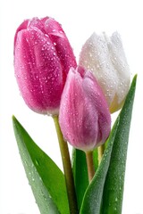 Fototapeta premium Two lovely tulips, featuring white and pink spring flowers, are depicted on a transparent background and isolated on white in image format