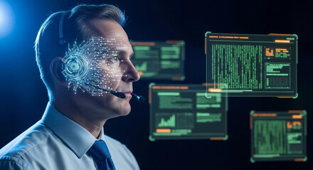 Man with Headset Analyzing Data - Future Technology