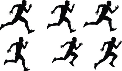 Running silhouette vector illustration showing athlete jogging motion cycle, fitness exercise poses, sports training design, dynamic movement icons for health concepts